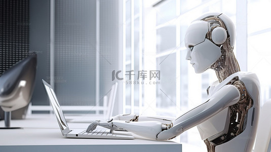 键盘打字的手背景图片_女性机器人在办公室执行行政任务的 3D 渲染