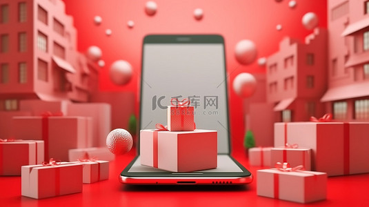 3D 智能手机中的移动购物，带有礼品盒和位置服务符号悬停在篮子里