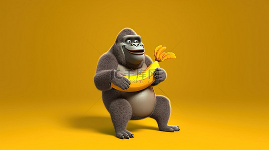 有趣香蕉背景图片_有趣的 3D 猿角色抓着香蕉