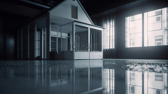 房地产投资概念现代住宅 3D 渲染在空地板背景上
