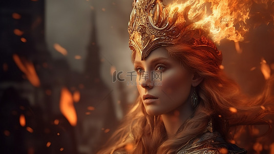 红发背景图片_火之围攻 3D 渲染，幻想肖像中雄伟的火女王
