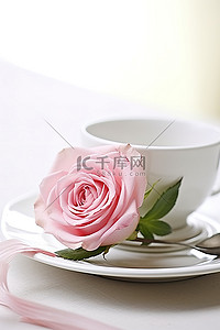 玫瑰白背景图片_带杯子的白盘上的粉红玫瑰
