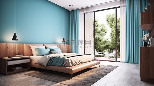 双人床背景图片_蓝色和棕色色调的现代双人床房，配有宽敞的窗户 3D 渲染设计