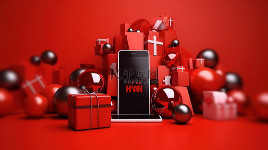 销售海报背景图片_智能手机圣诞节和新年快乐促销与黑色星期五超级销售的 3D 渲染