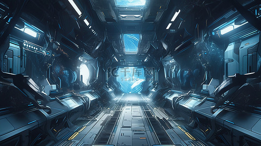 未来派插图霓虹灯注入了 3D 渲染的科幻宇宙飞船中的蓝色走廊