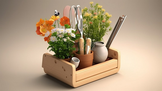 园林工具背景图片_带园林工具和花卉布置的陶瓷花盆箱的 3D 渲染