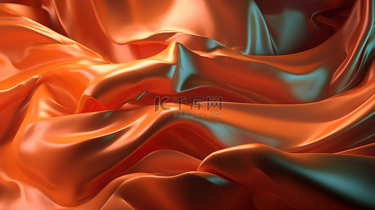 橙色流体背景图片_抽象时尚背景虹彩全息箔和橙色布 3D 渲染