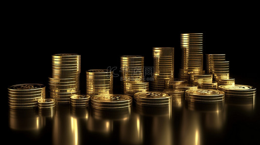提升 3d 渲染中的金色比特币硬币，图表显示增长