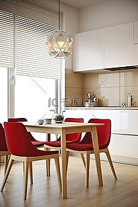 开放式厨房，墙上有餐桌和红色椅子