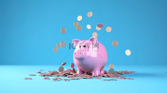 倾斜背景图片_储蓄概念 3D 渲染粉色存钱罐倾斜，硬币层叠到蓝色背景上充足的文本空间