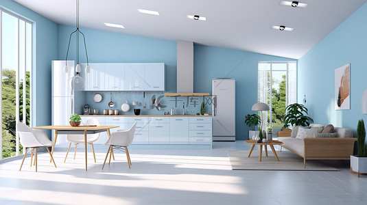 珊瑚珊瑚背景图片_时尚时尚的厨房设计，配有浅蓝色和珊瑚家具 3D 渲染