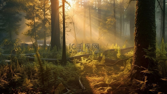 秋天风景天空背景图片_阳光明媚的童话森林一个神奇的早晨，有朦胧的薄雾和 3D 渲染