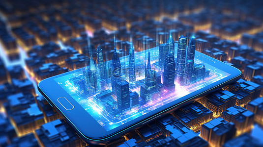 科技大城市背景图片_大城市背景下未来技术智能手机的 3D 渲染