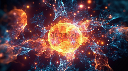 分形能量爆发火花空间和原子粒子的 3D 渲染