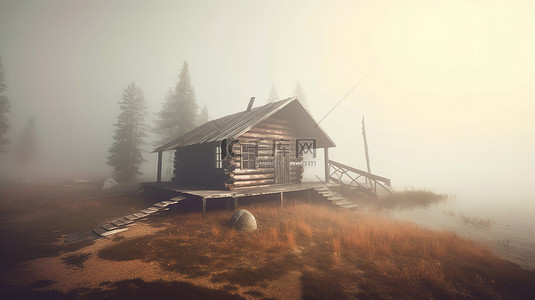 笼罩雾气中的质朴木屋的 3D 渲染