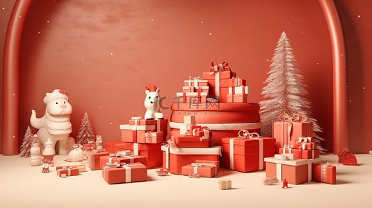 卡通新年礼盒背景图片_圣诞快乐和新年快乐 3D 渲染与圣诞老人和礼品盒在节日背景