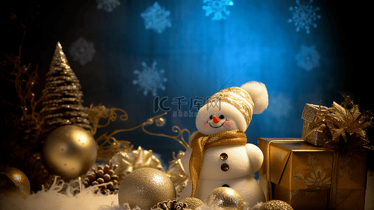 唯美雪人背景图片_圣诞节唯美冬季白色雪花金色雪人