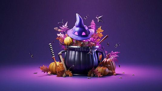传统的十月庆祝女巫的大锅扫帚和骨头在紫色背景上戴帽子，3D 渲染中的快乐万圣节场景