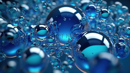 3d 渲染蓝色液体与分散气泡