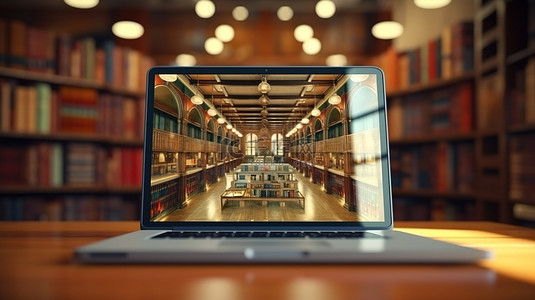 在笔记本电脑屏幕上使用图书馆进行在线教育和搜索的 3D 渲染