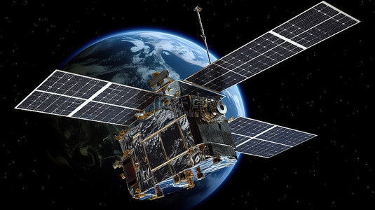卫星互联网背景图片_在 3d 渲染中配备现实太阳能电池板的太空卫星