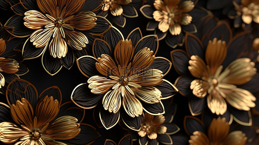 黑色背景的 3D 插图，装饰着精致的金丝丝花