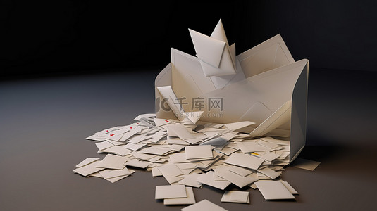 一个打开的信封和空白卡片位于一堆 3d 封闭字母之上