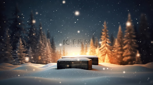 下雪的星空背景图片_冬季仙境 3d 景观，周围环绕着散景灯和星空