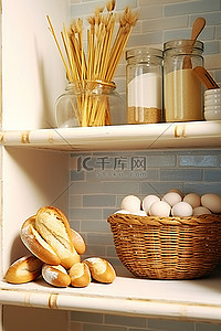 烘焙架子背景图片_装满面包棒和鸡蛋的厨房架子