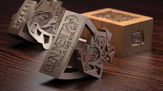 网页上带有金属和木质印章的金融概念的 3D 渲染
