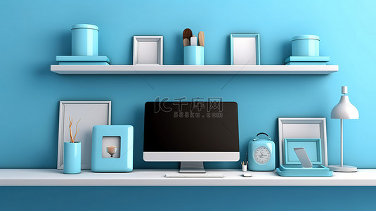 蓝色墙架上数字设备的排列笔记本电脑手机和平板电脑 3D 插图