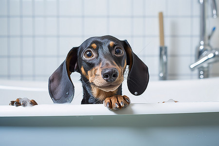 泡澡浴缸背景图片_腊肠犬和狗在浴缸里