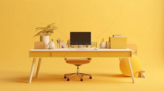 简约办公桌办公室背景图片_淡黄色单色的简约办公桌展示了成功交易者的工作空间 3D 渲染