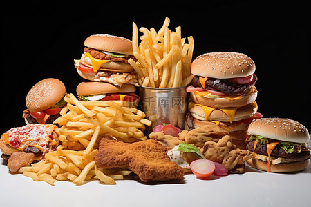 派乐汉堡薯条背景图片_健康饮食过多脂肪快餐披萨汉堡鸡肉玉米片薯条等等