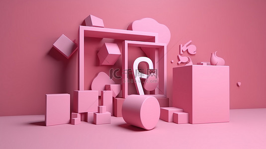 社交媒体 3d 渲染以粉红色背景上的按钮和几何形状为特色的相框