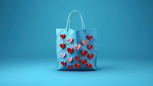 带购物袋的蓝色背景上的心形图标的 3D 渲染