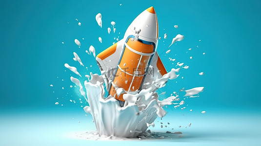 飞溅牛奶背景图片_牛奶飞溅和火箭发射的 3d 插图