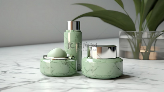 天然化妆品背景背景图片_绿色大理石背景上天然化妆品包装的 3D 插图