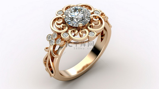 订婚kt板背景图片_圆形钻石主石花丝光环订婚戒指的 3D 渲染