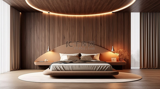 简约的棕色简约卧室配有木质墙板弧形灯和 3D 渲染