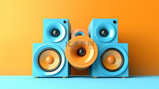 橙色背景的简约 3D 渲染与蓝色音乐扬声器