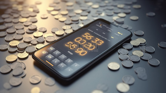 具有符号数字插图和硬币 3d 在手机上渲染的极简主义数字计算器