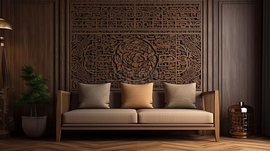 中国风格的客厅配有 3D 渲染木质装饰和沙发