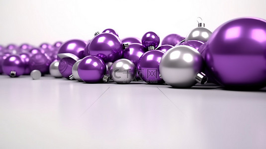物品登记表背景图片_柔和的灰色背景上闪闪发光的紫色圣诞饰品系列是庆祝圣诞节和新年的 3D 概念