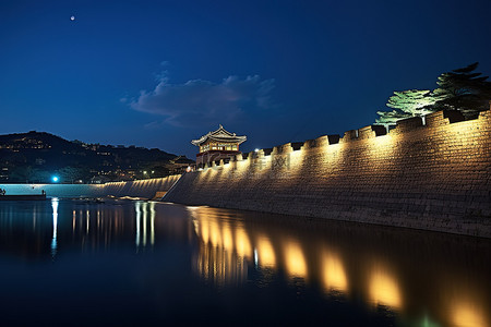 长安十二时辰背景图片_首尔城堡的城墙在晚上