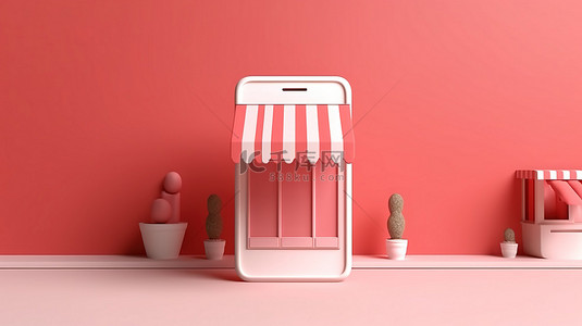 商城上了背景图片_智能手机的 3D 插图展示了具有充足复制空间的电子商务商店概念