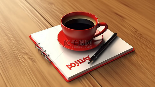 拿着咖啡杯背景图片_庆祝咖啡日一张木桌，上面放着一杯咖啡空白记事本和笔 3D 渲染