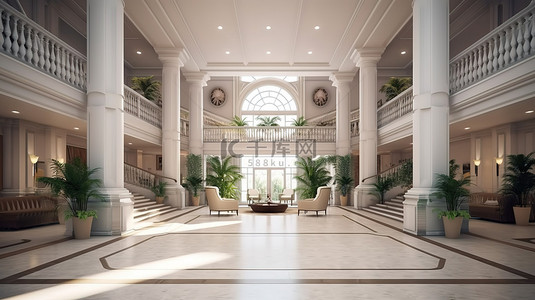 现代酒店大堂拥有多层内饰和阳台，是 3D 渲染的杰作