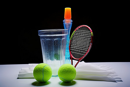 羽毛球拍背景图片_透明塑料杯中的羽毛球拍球和水瓶