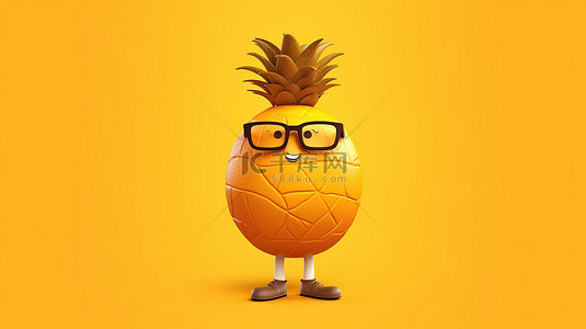新鲜水果篮背景图片_充满活力的篮球挥舞着时髦的菠萝吉祥物，以俏皮的卡通时尚为背景，在阳光明媚的黄色背景下 3D 渲染